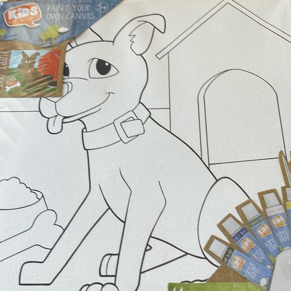 Kids Art District Paint Your Own Canvas Puppy Dog 11 Piece Art Set NEW
